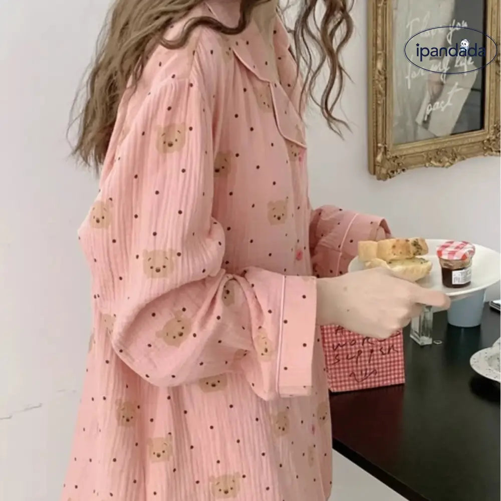 カートゥーン パジャマ 女性 春秋 2026年 新作 カジュアル ルーズ かわいい おしゃれ 可愛い クマ 長袖 ドット ルームウェア セット ID4362 レディース＞セットアップ