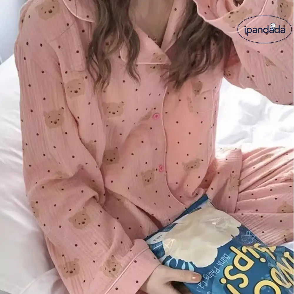 カートゥーン パジャマ 女性 春秋 2026年 新作 カジュアル ルーズ かわいい おしゃれ 可愛い クマ 長袖 ドット ルームウェア セット ID4362 レディース＞セットアップ