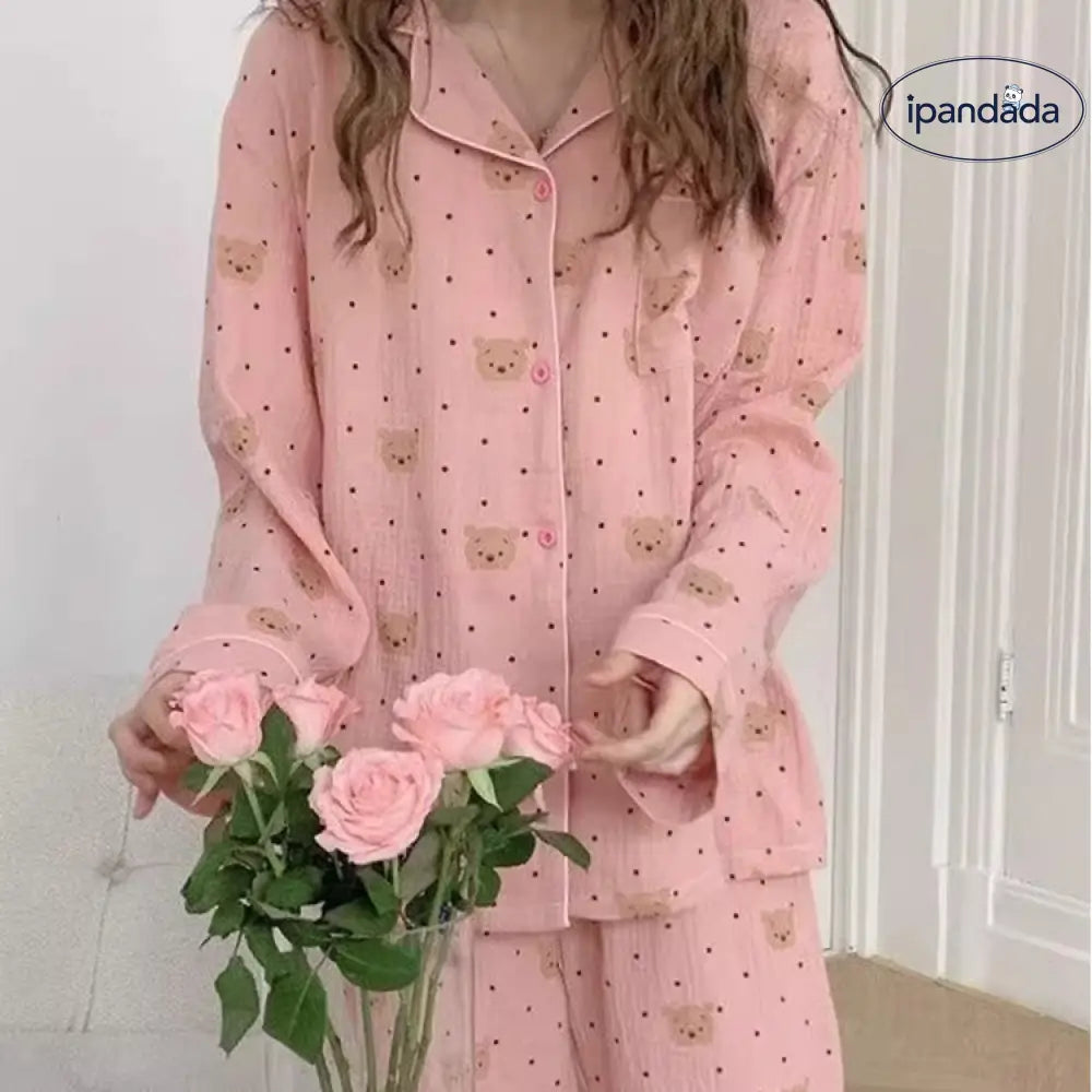 カートゥーン パジャマ 女性 春秋 2026年 新作 カジュアル ルーズ かわいい おしゃれ 可愛い クマ 長袖 ドット ルームウェア セット ID4362 レディース＞セットアップ