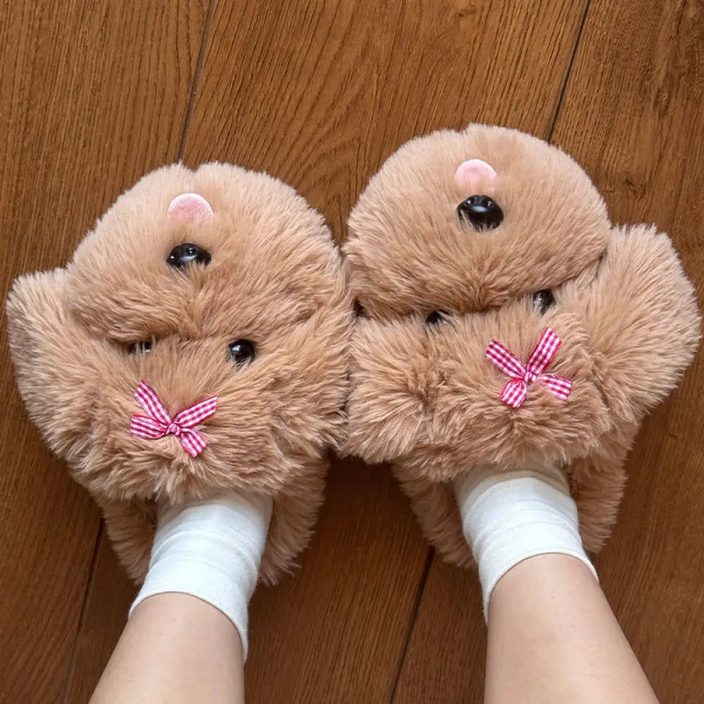 カートゥーン 小狗 ルーム コットン スリッパ 保温 防滑 フワフワ ファー ドレッド ウィンタールームウェア レディース 秋冬 シューズ ID3215 ブラウン / 23-23.5cm