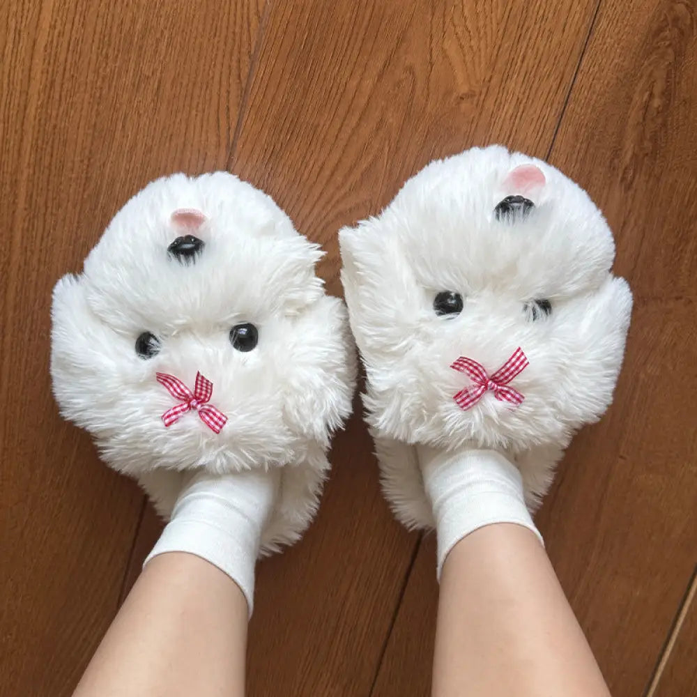 カートゥーン 小狗 ルーム コットン スリッパ 保温 防滑 フワフワ ファー ドレッド ウィンタールームウェア レディース 秋冬 シューズ ID3215 ホワイト / 23-23.5cm