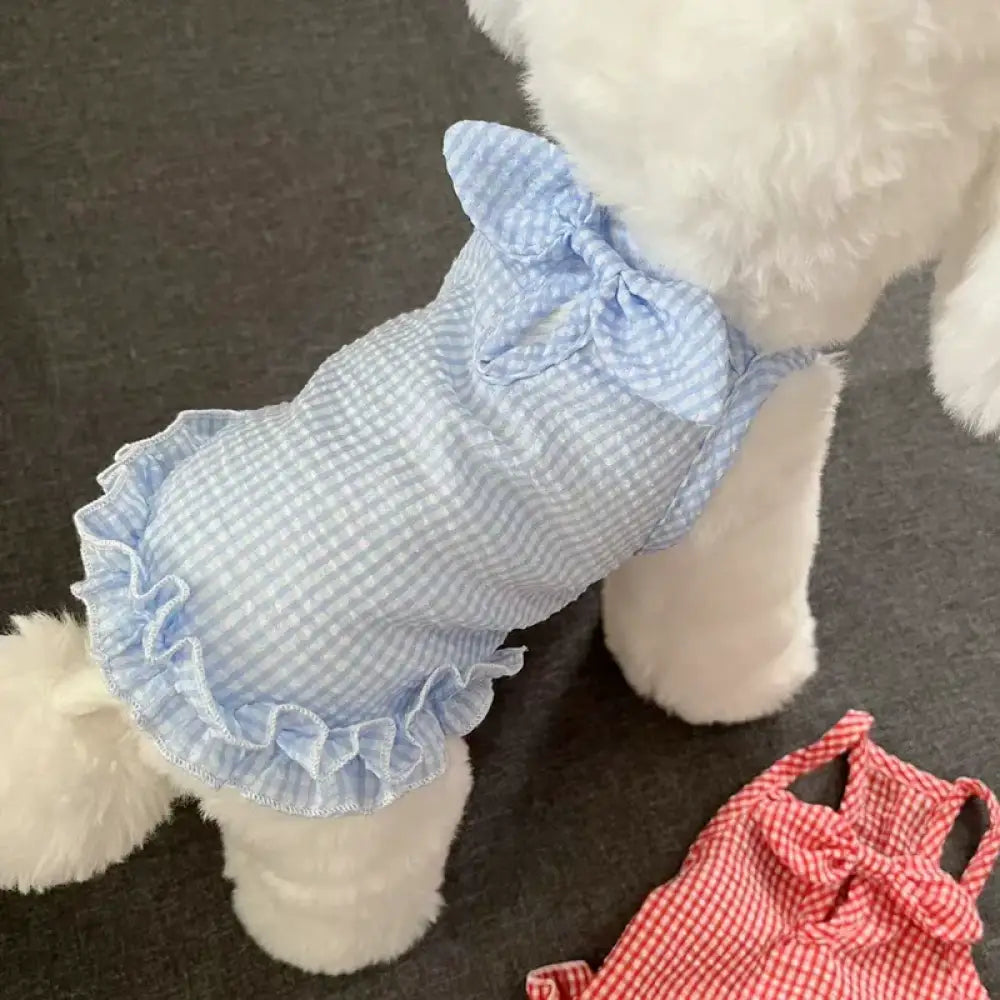 かわいい チェック リボン付き ペットワンピース  薄手 犬猫兼用 トイ・プードル ビションフリーゼ 小型犬 夏用 通気性 抜群 おしゃれ お出かけ用 ID1960