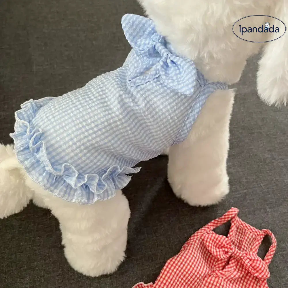 かわいい チェック リボン付き ペットワンピース  薄手 犬猫兼用 トイ・プードル ビションフリーゼ 小型犬 夏用 通気性 抜群 おしゃれ お出かけ用 ID1960