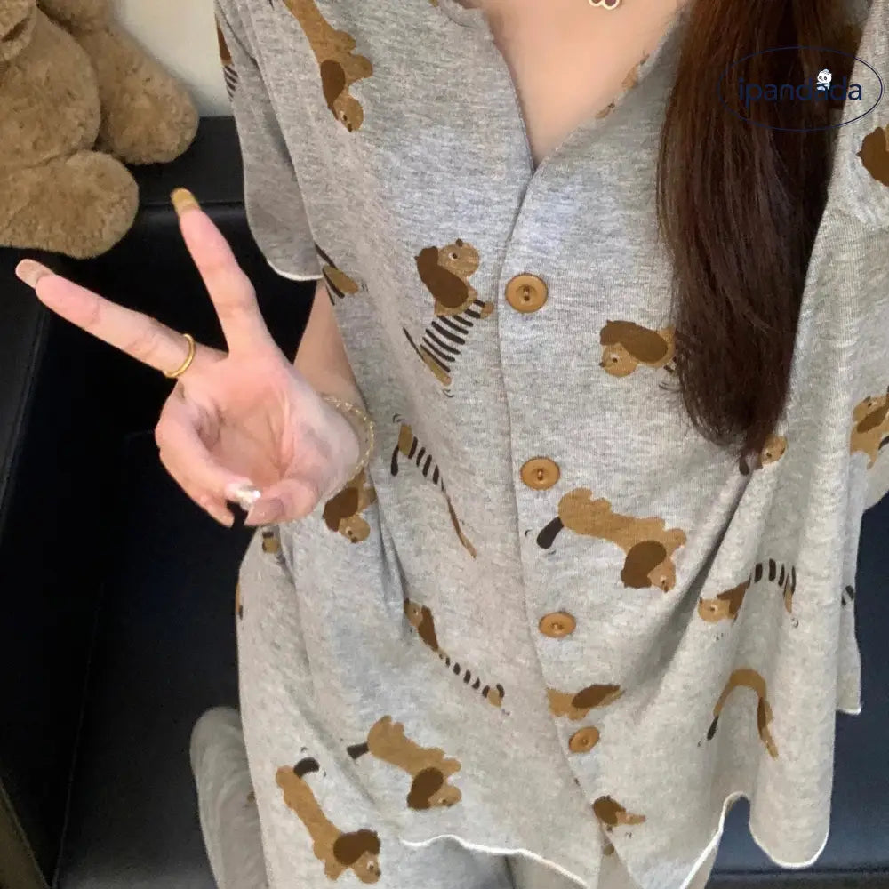 ID1315 かわいい！ダックス柄 モダールパジャマセット 3点セット 夏用  吸汗速乾 ゆったりサイズ