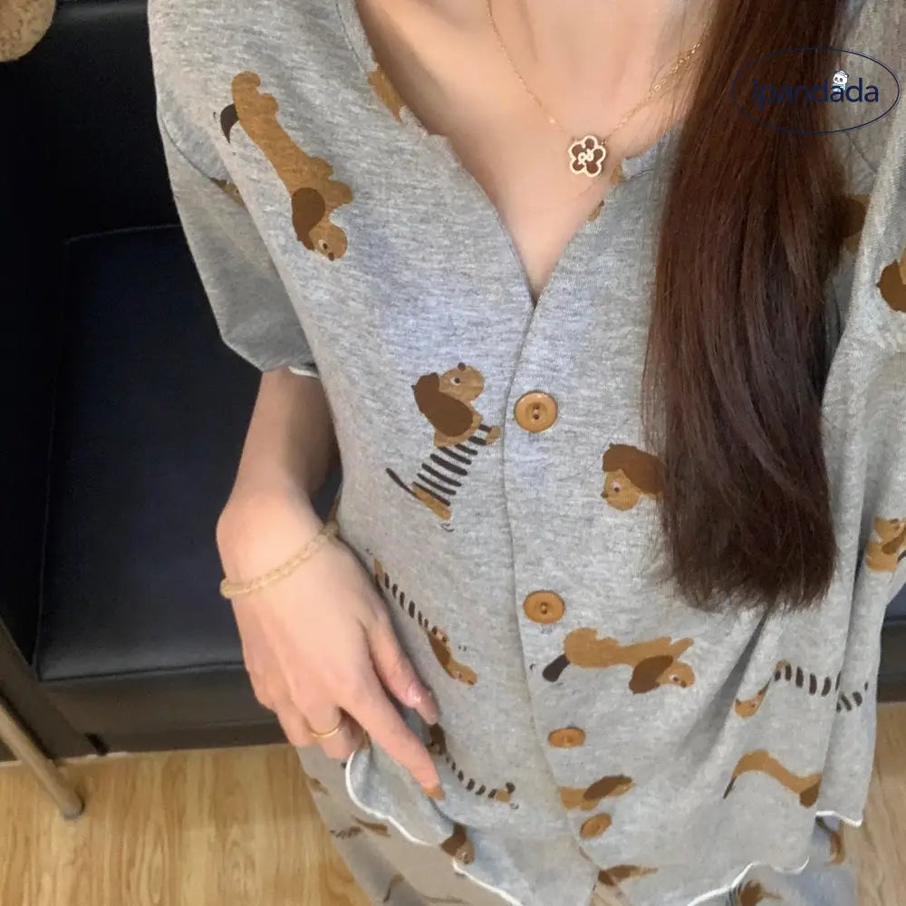 ID1315 かわいい！ダックス柄 モダールパジャマセット 3点セット 夏用  吸汗速乾 ゆったりサイズ