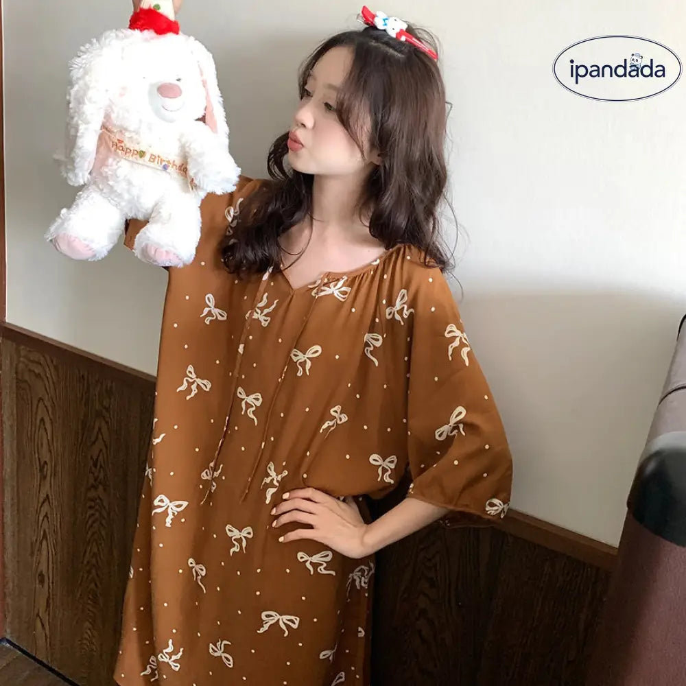 かわいい ドット柄 リボン付き ショートスリーブ パジャマ レディース 夏用 ゆったり 中長丈 ナイトドレス ID1813