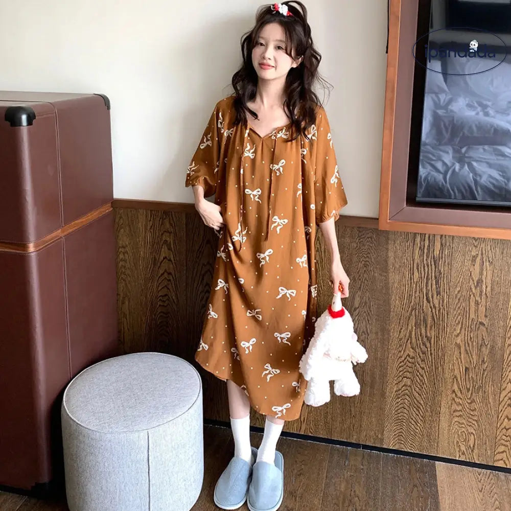 かわいい ドット柄 リボン付き ショートスリーブ パジャマ レディース 夏用 ゆったり 中長丈 ナイトドレス ID1813