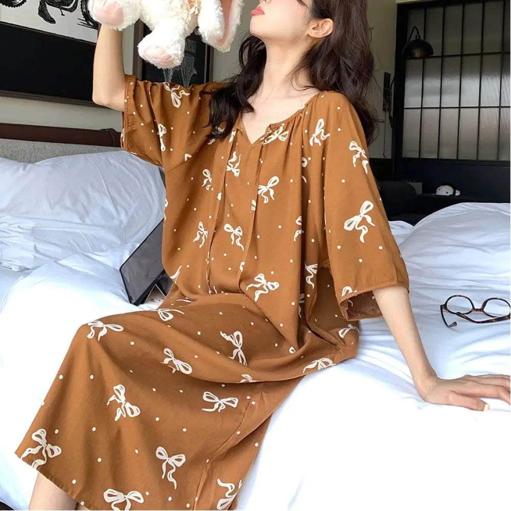 かわいい ドット柄 リボン付き ショートスリーブ パジャマ レディース 夏用 ゆったり 中長丈 ナイトドレス ID1813