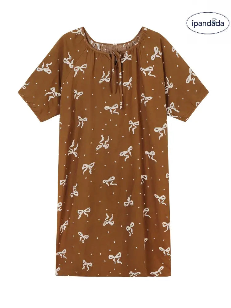 かわいい ドット柄 リボン付き ショートスリーブ パジャマ レディース 夏用 ゆったり 中長丈 ナイトドレス ID1813 ブラウン / フリー レディース>ワンピース