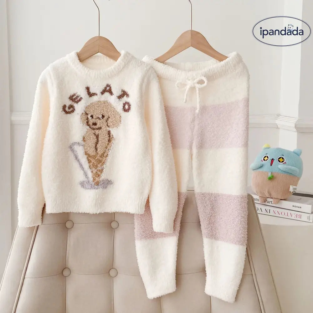 かわいい ふわふわ 厚手 ゆったり アイスクリーム 犬 親子 子供 パジャマ ホームウェア セットアップ 暖かい 柔らかい 保温 快適 おしゃれ ルームウェア ID2721