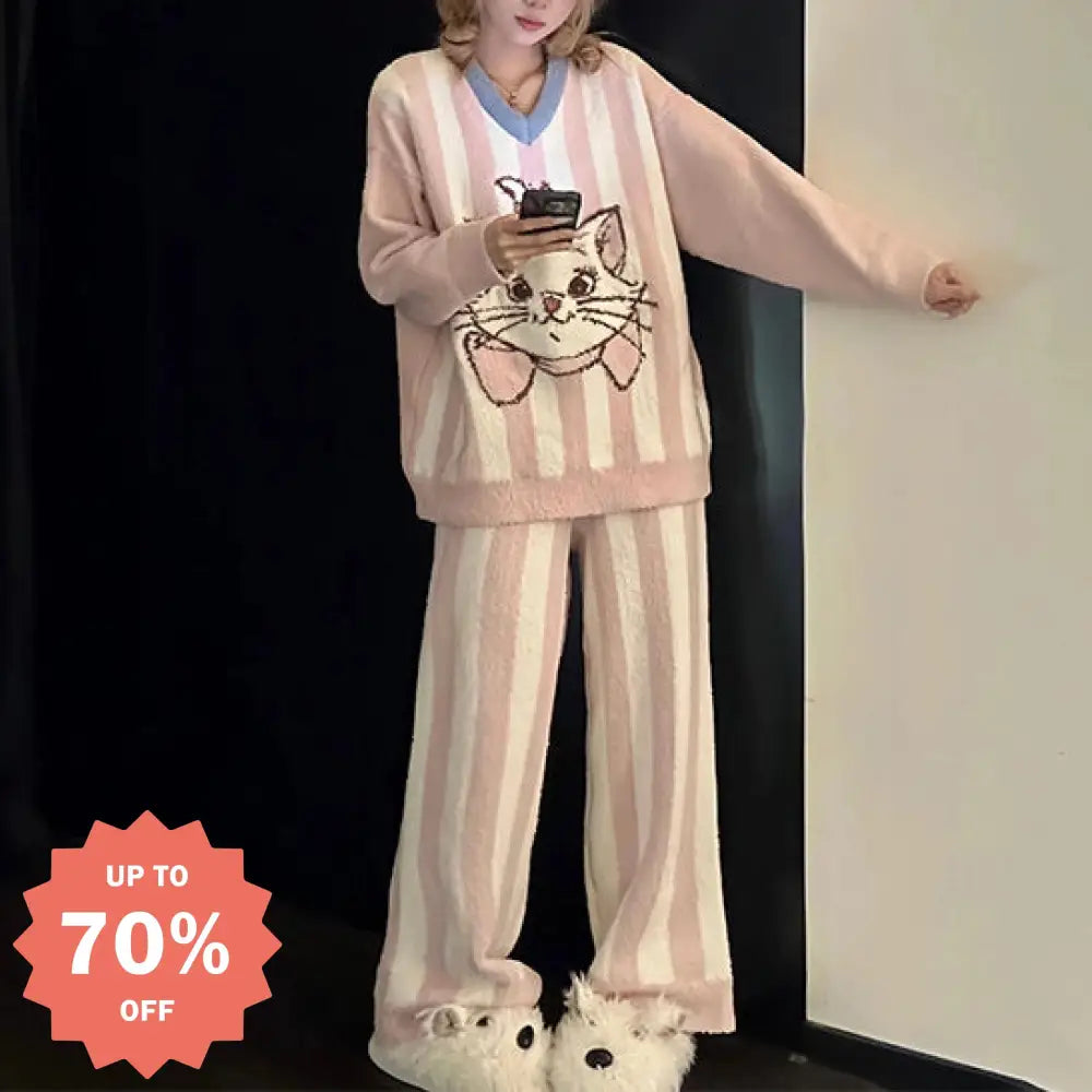 かわいい ふわふわ キャラクター 猫 フリース パジャマ レディース 秋冬 新作 フリース裏起毛 厚手 保温 ホームウェア セットアップ 暖かい 柔らかい 快適 おしゃれ ルームウェア ID2713