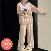 かわいい ふわふわ キャラクター 猫 フリース パジャマ レディース 秋冬 新作 フリース裏起毛 厚手 保温 ホームウェア セットアップ 暖かい 柔らかい 快適 おしゃれ ルームウェア ID2713