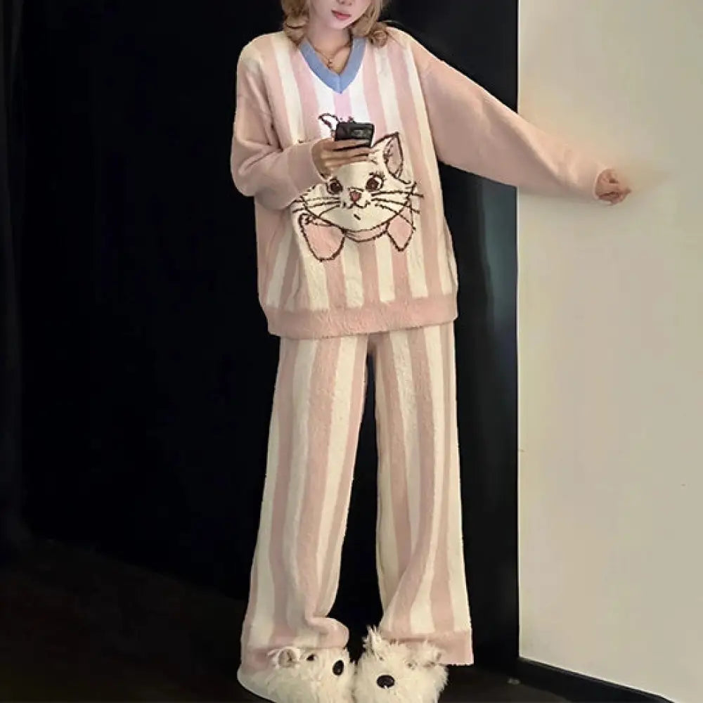 かわいい ふわふわ キャラクター 猫 フリース パジャマ レディース 秋冬 新作 フリース裏起毛 厚手 保温 ホームウェア セットアップ 暖かい 柔らかい 快適 おしゃれ ルームウェア ID2713 写真通り（2点セット） / S