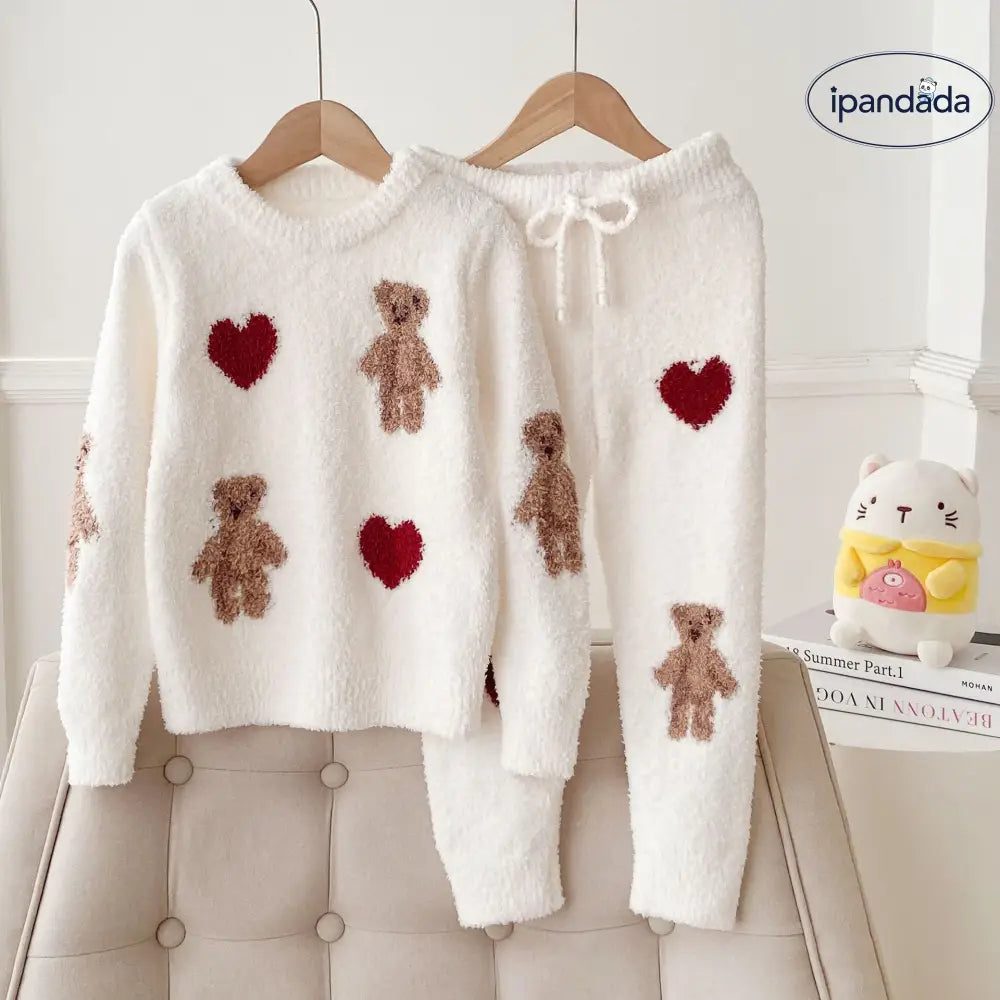 かわいい ふわふわ 親子 子供 クリスマス ハート くま レディース ホームウェア パジャマ セットアップ 卸売り 暖かい 柔らかい 快適 おしゃれ ルームウェア ID2719