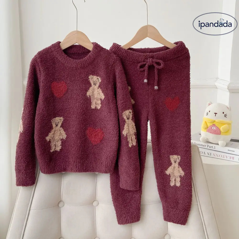 かわいい ふわふわ 親子 子供 クリスマス ハート くま レディース ホームウェア パジャマ セットアップ 卸売り 暖かい 柔らかい 快適 おしゃれ ルームウェア ID2719
