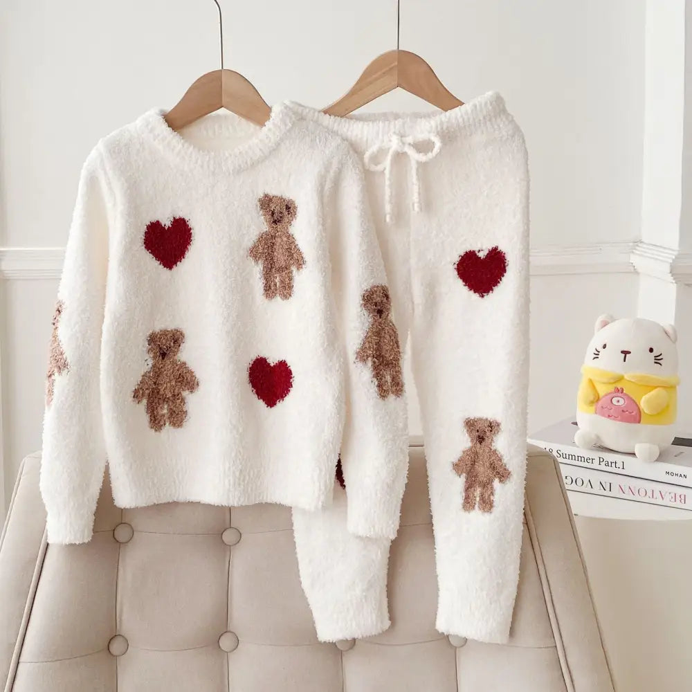 かわいい ふわふわ 親子 子供 クリスマス ハート くま レディース ホームウェア パジャマ セットアップ 卸売り 暖かい 柔らかい 快適 おしゃれ ルームウェア ID2719 ベージュ / 80-100cm ベビー＆キッズ