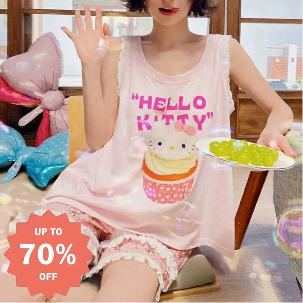 かわいい キティ 花柄 キャミソール ショートパンツ パジャマ セット 女子 2点セット ルームウェア ID4813