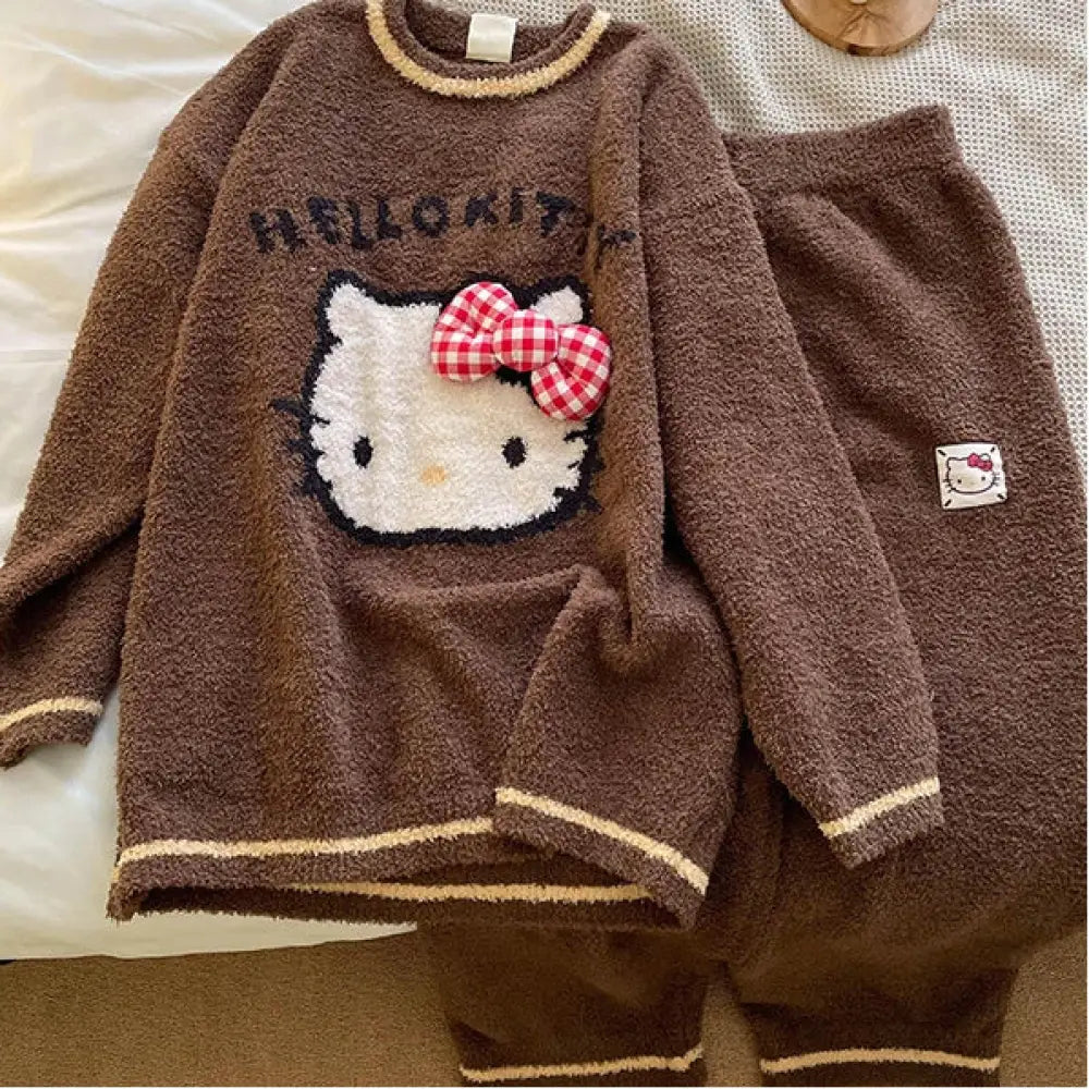 かわいい ハローキティ プリント パジャマ レディース 冬 かわいい 可愛い 暖かい あったか 新作 厚手 ニットトップス ロングパンツ ルームウェア セット ID3873 ブラウン / S レディース＞セットアップ