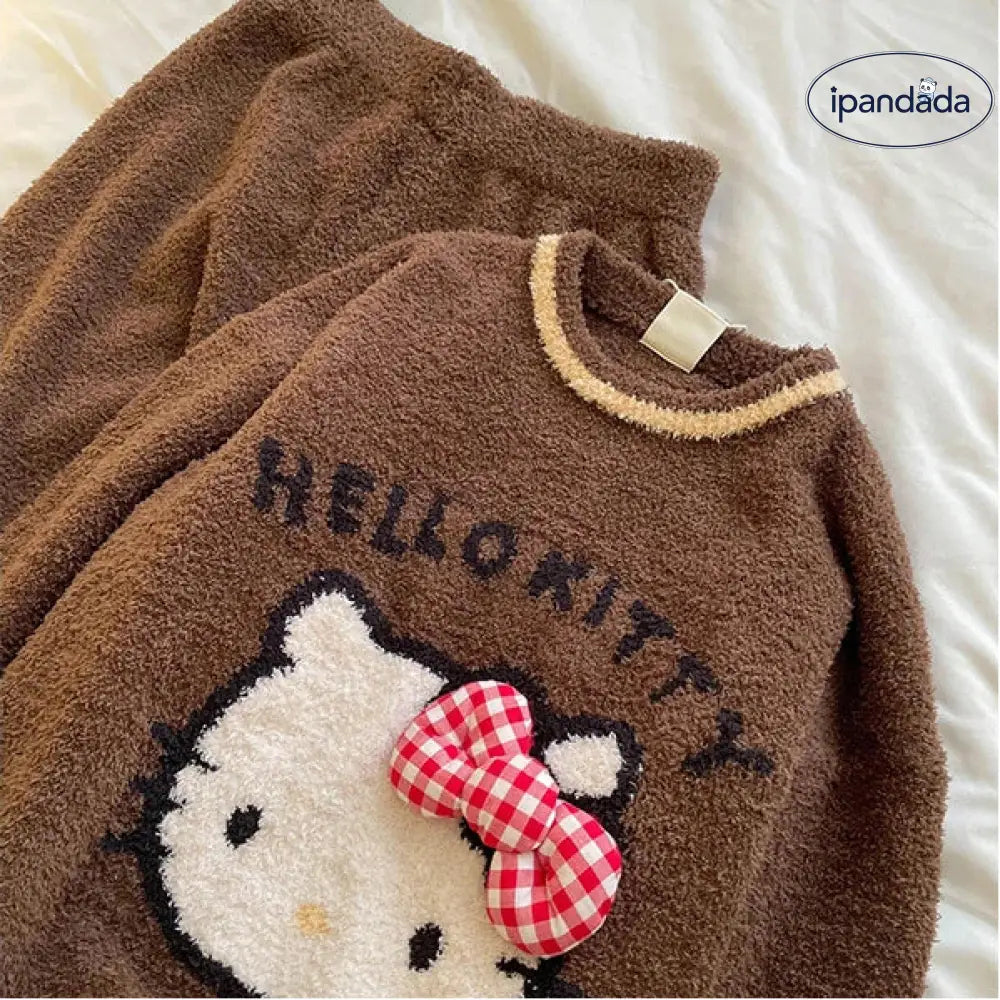 かわいい ハローキティ プリント パジャマ レディース 冬 かわいい 可愛い 暖かい あったか 新作 厚手 ニットトップス ロングパンツ ルームウェア セット ID3873 レディース＞セットアップ