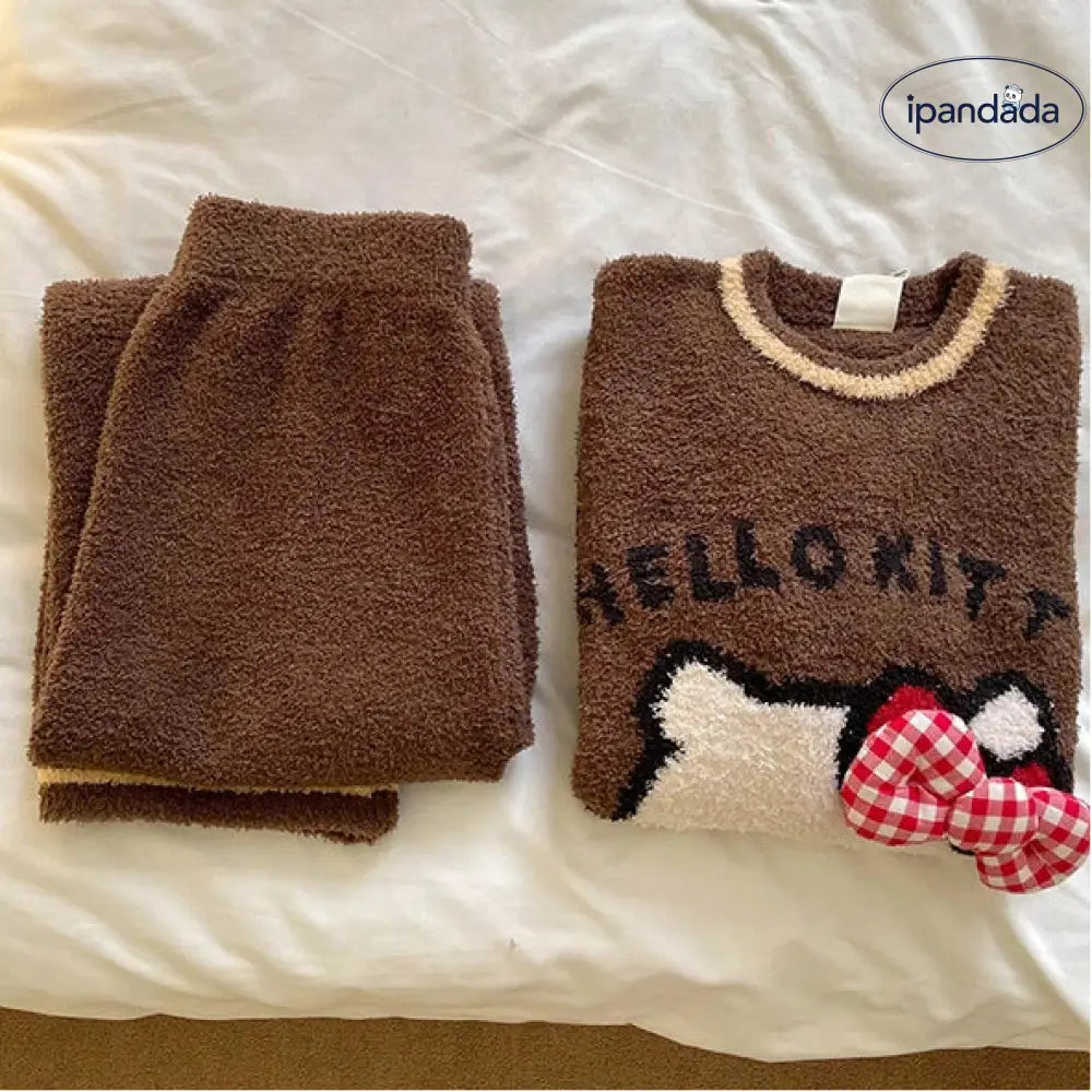 かわいい ハローキティ プリント パジャマ レディース 冬 かわいい 可愛い 暖かい あったか 新作 厚手 ニットトップス ロングパンツ ルームウェア セット ID3873 レディース＞セットアップ