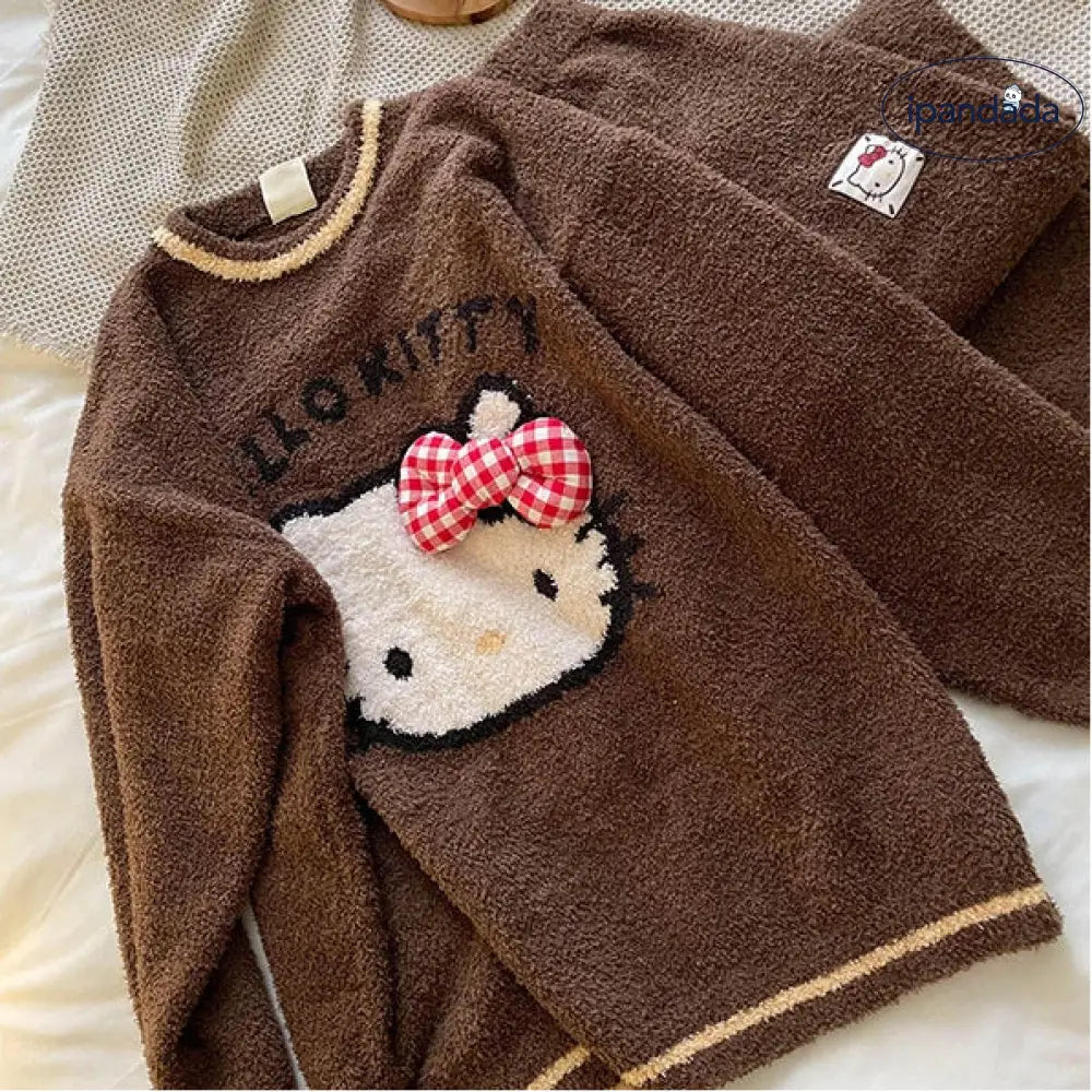 かわいい ハローキティ プリント パジャマ レディース 冬 かわいい 可愛い 暖かい あったか 新作 厚手 ニットトップス ロングパンツ ルームウェア セット ID3873 レディース＞セットアップ