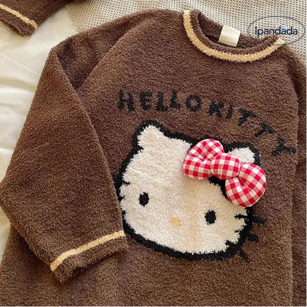 かわいい ハローキティ プリント パジャマ レディース 冬 かわいい 可愛い 暖かい あったか 新作 厚手 ニットトップス ロングパンツ ルームウェア セット ID3873 レディース＞セットアップ