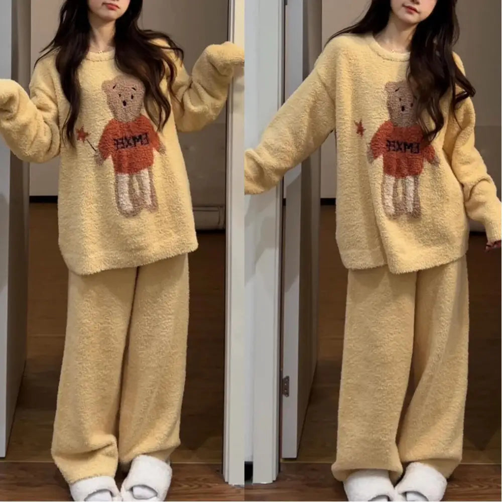 かわいい カートゥーン ベア プリント フリース パジャマ 可愛い 暖かい あったか レディース 秋冬 厚手 保温 ルームウェア セットアップ ID3930 レディース＞セットアップ