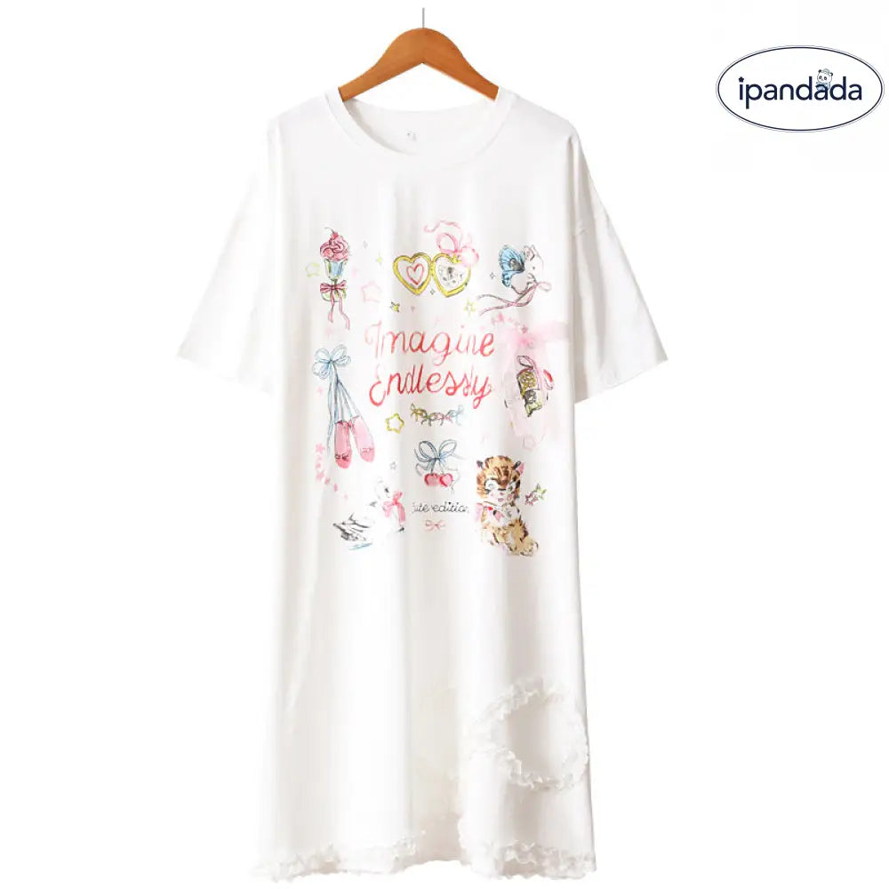 ID1491 かわいい カートゥーン レース スリップドレス レディース ショートスリーブ 春夏 ルームウェア 丸首 ゆったり ワンピース 外出可能