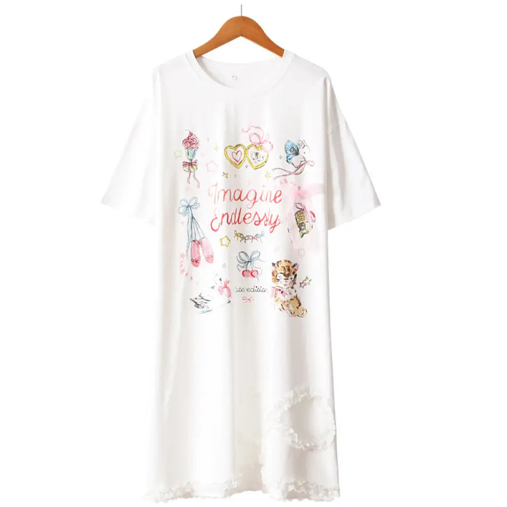 ID1491 かわいい カートゥーン レース スリップドレス レディース ショートスリーブ 春夏 ルームウェア 丸首 ゆったり ワンピース 外出可能 ホワイト / フリー レディース＞ワンピース