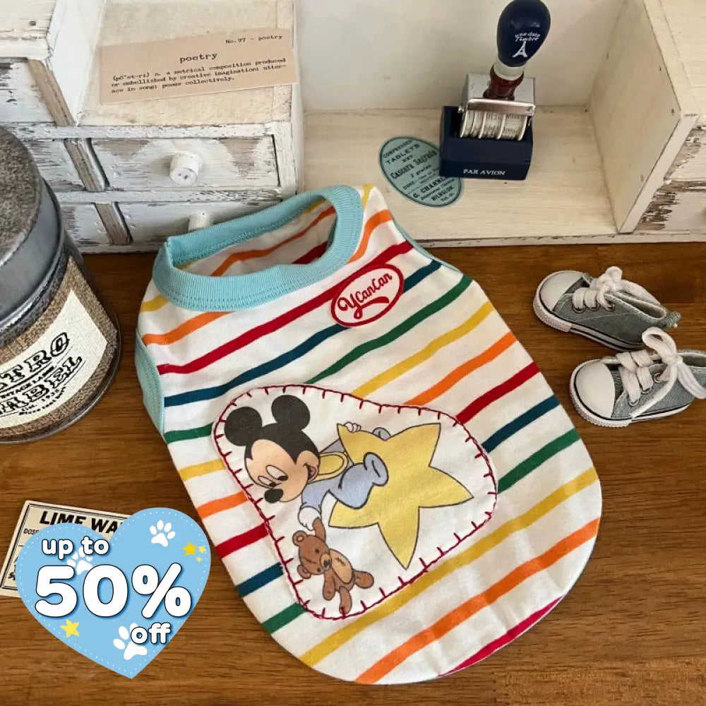 かわいい カートゥーン ストライプ Tシャツ マルチーズ シーズー ヨークシャー ミッキー ベビー ベスト レインボーストライプ ID4427 写真通り / S ペット用品＞ウェア