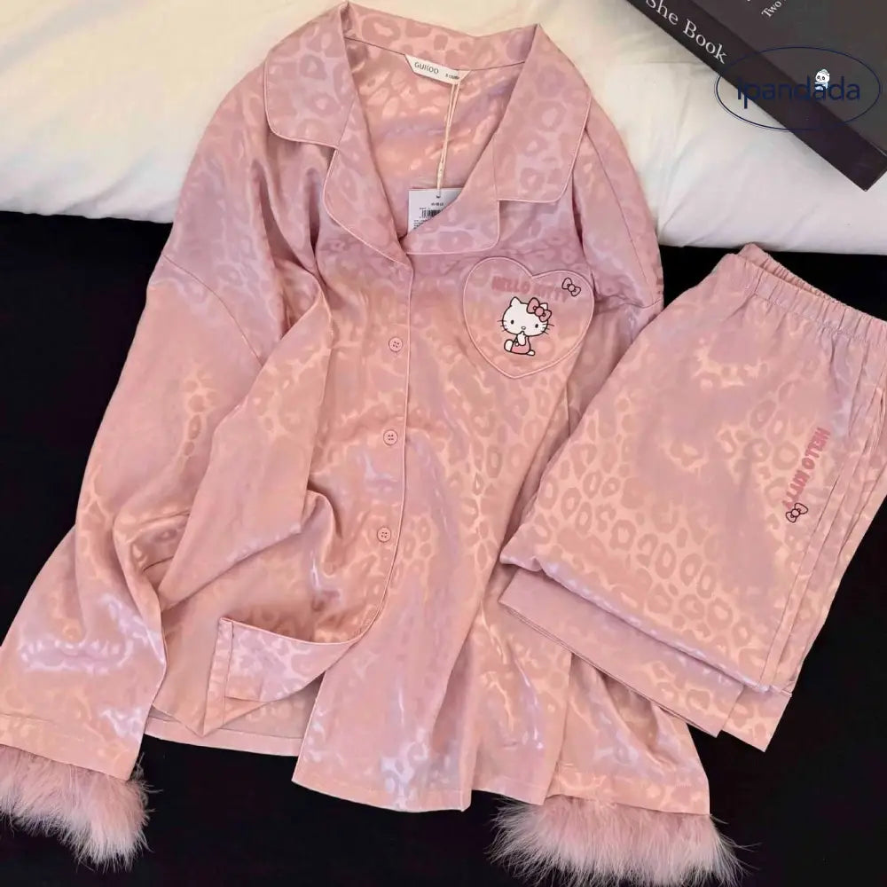 かわいい キティ ジャカードレオパード パジャマ セット 春秋 ピンク ゆったり ルームウェア 部屋着 ID4198