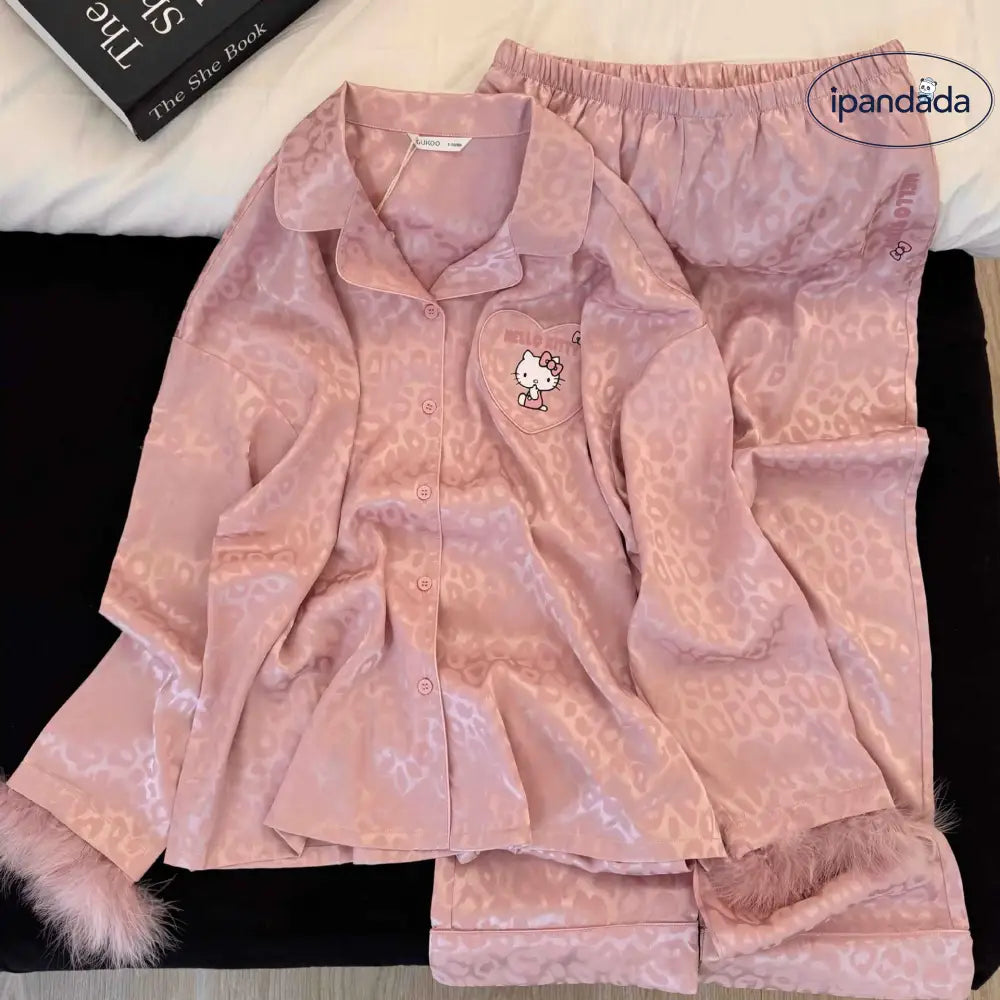かわいい キティ ジャカードレオパード パジャマ セット 春秋 ピンク ゆったり ルームウェア 部屋着 ID4198