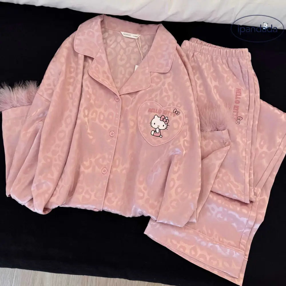 かわいい キティ ジャカードレオパード パジャマ セット 春秋 ピンク ゆったり ルームウェア 部屋着 ID4198