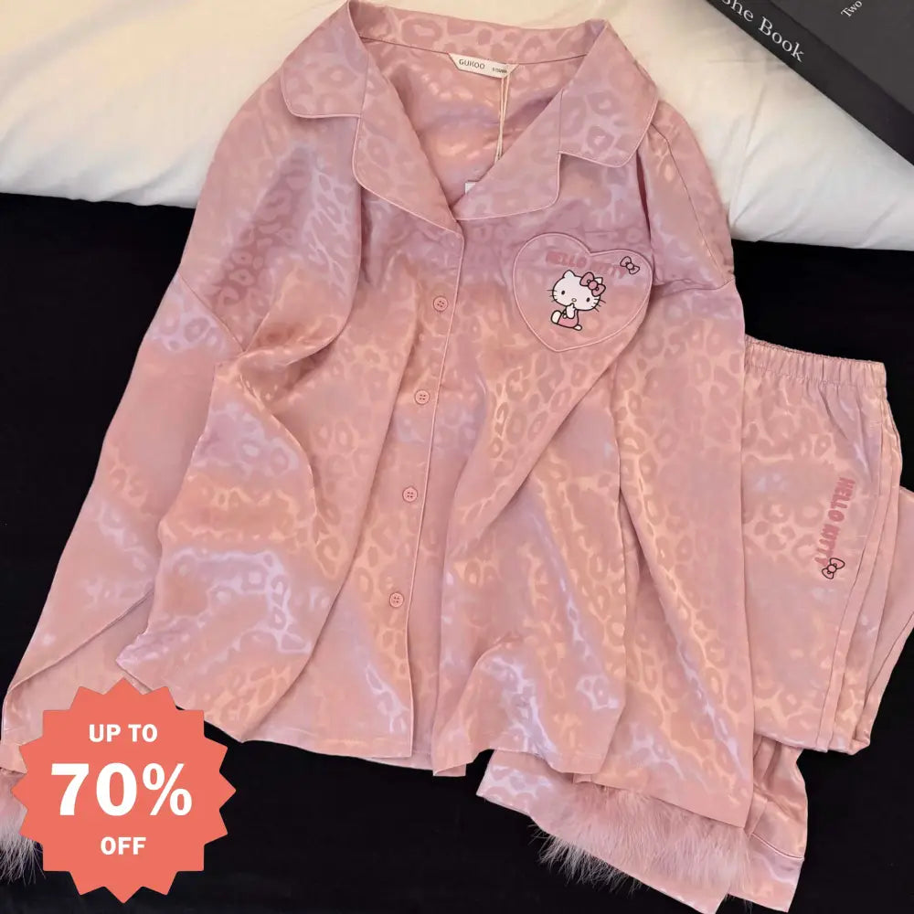 かわいい キティ ジャカードレオパード パジャマ セット 春秋 ピンク ゆったり ルームウェア 部屋着 ID4198 ピンク / S