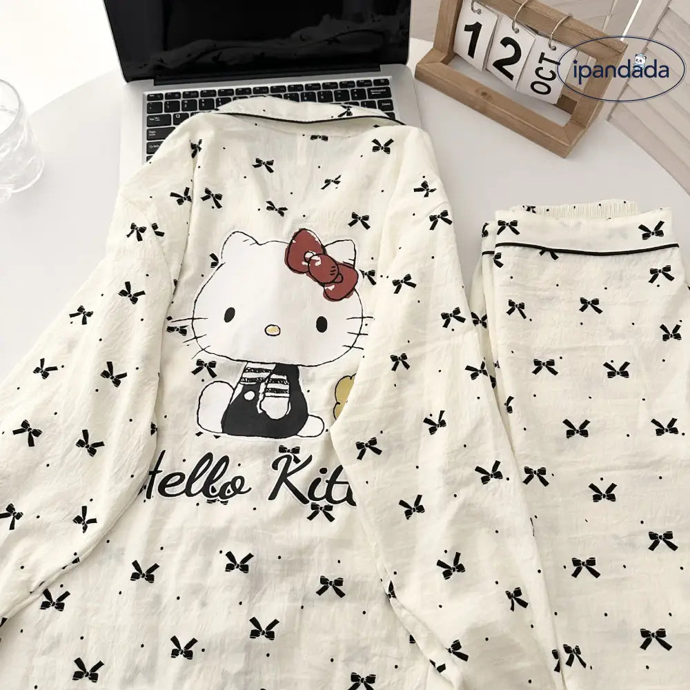 かわいい KTキャット コットン パジャマ 女性 春用 部屋着 かわいい 可愛い カーディガン 長袖 ロングパンツ カートゥーン ルームウェア セット ID4372 レディース＞セットアップ