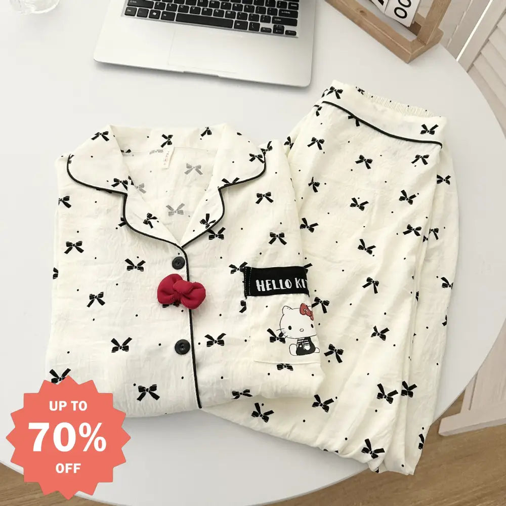 かわいい KTキャット コットン パジャマ 女性 春用 部屋着 かわいい 可愛い カーディガン 長袖 ロングパンツ カートゥーン ルームウェア セット ID4372 写真通り / M レディース＞セットアップ