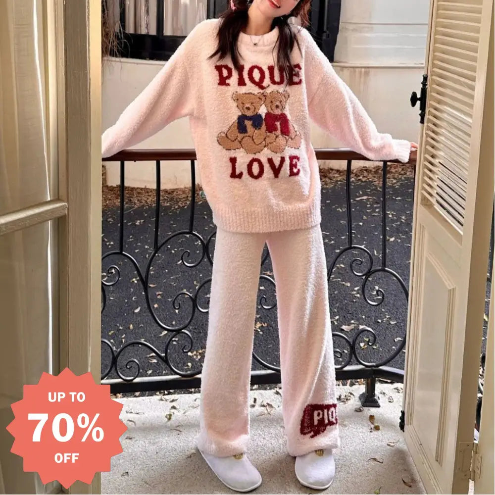 かわいい クマ柄 赤色 カップル ソフト レディース ルームウェア パジャマ セット 裏起毛 上下セット レディース ルームウェア 部屋着 ゆったり ID3725 ピンク / フリー レディース＞セットアップ