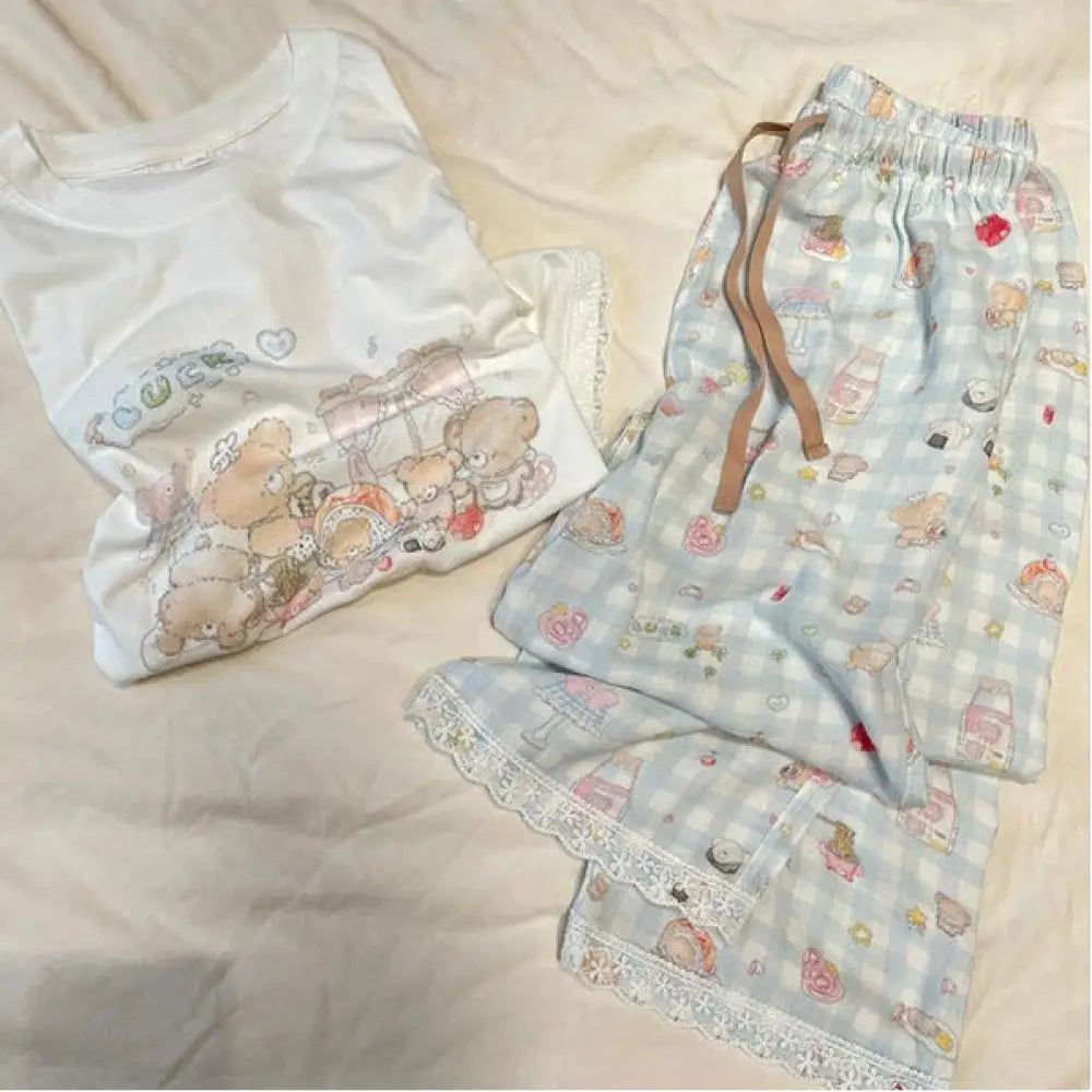 かわいい くま プリント パジャマ セット 新作 半袖 パンツ ゆったり ルームウェア 部屋着 リラックス 2点セット ID4210 写真通り / S