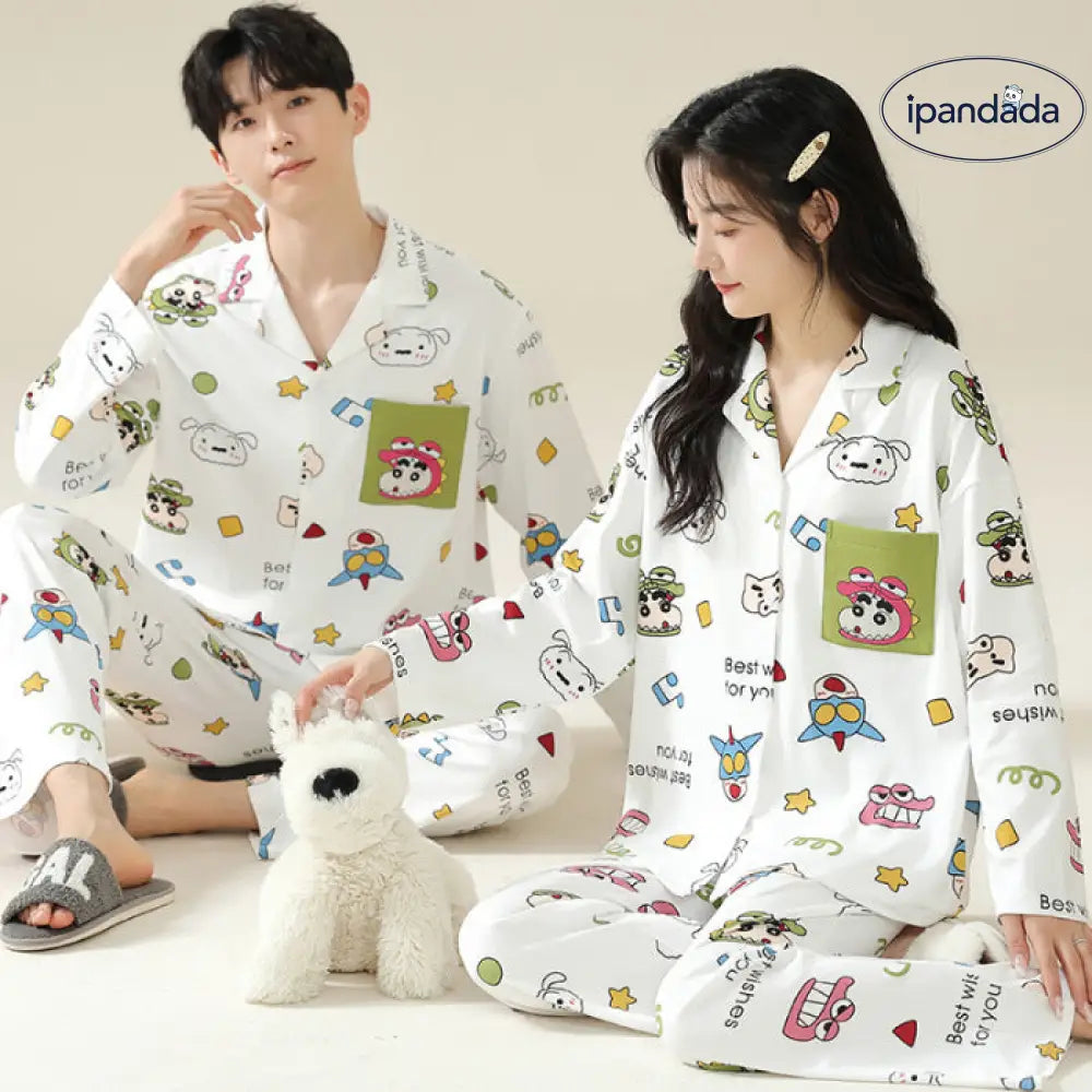 かわいい クレヨンしんちゃん ピュアコットン カップル パジャマ 春秋 カーディガン 襟付き 長袖 長ズボン ルームウェア セット ID3749