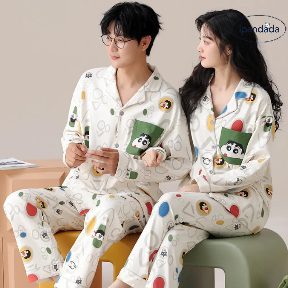 かわいい クレヨンしんちゃん ピュアコットン カップル パジャマ 春秋 カーディガン 襟付き 長袖 長ズボン ルームウェア セット ID3749