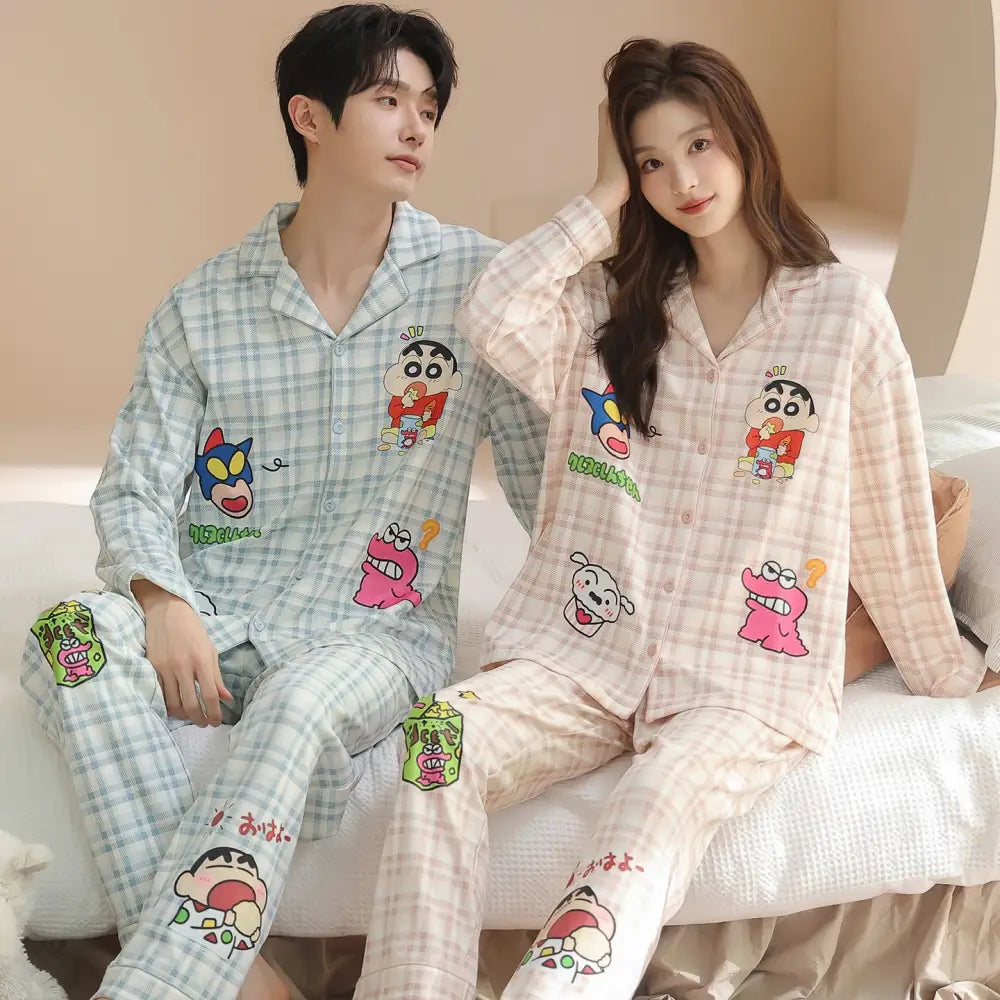 かわいい クレヨンしんちゃん ピュアコットン カップル パジャマ 春秋 カーディガン 襟付き 長袖 長ズボン ルームウェア セット ID3749 タイプ② / レディースＭ