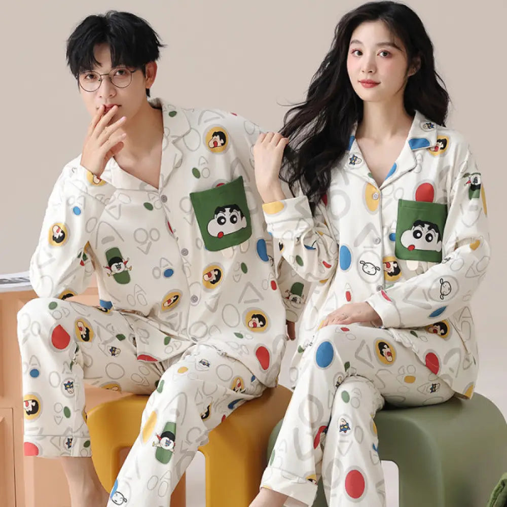 かわいい クレヨンしんちゃん ピュアコットン カップル パジャマ 春秋 カーディガン 襟付き 長袖 長ズボン ルームウェア セット ID3749 タイプ⑥ / レディースＭ