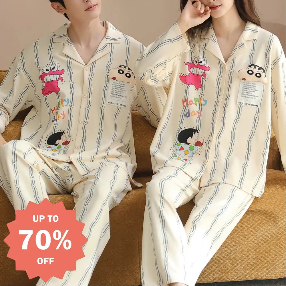 かわいい クレヨンしんちゃん ピュアコットン カップル パジャマ 春秋 カーディガン 襟付き 長袖 長ズボン ルームウェア セット ID3749 タイプ① / レディースＭ