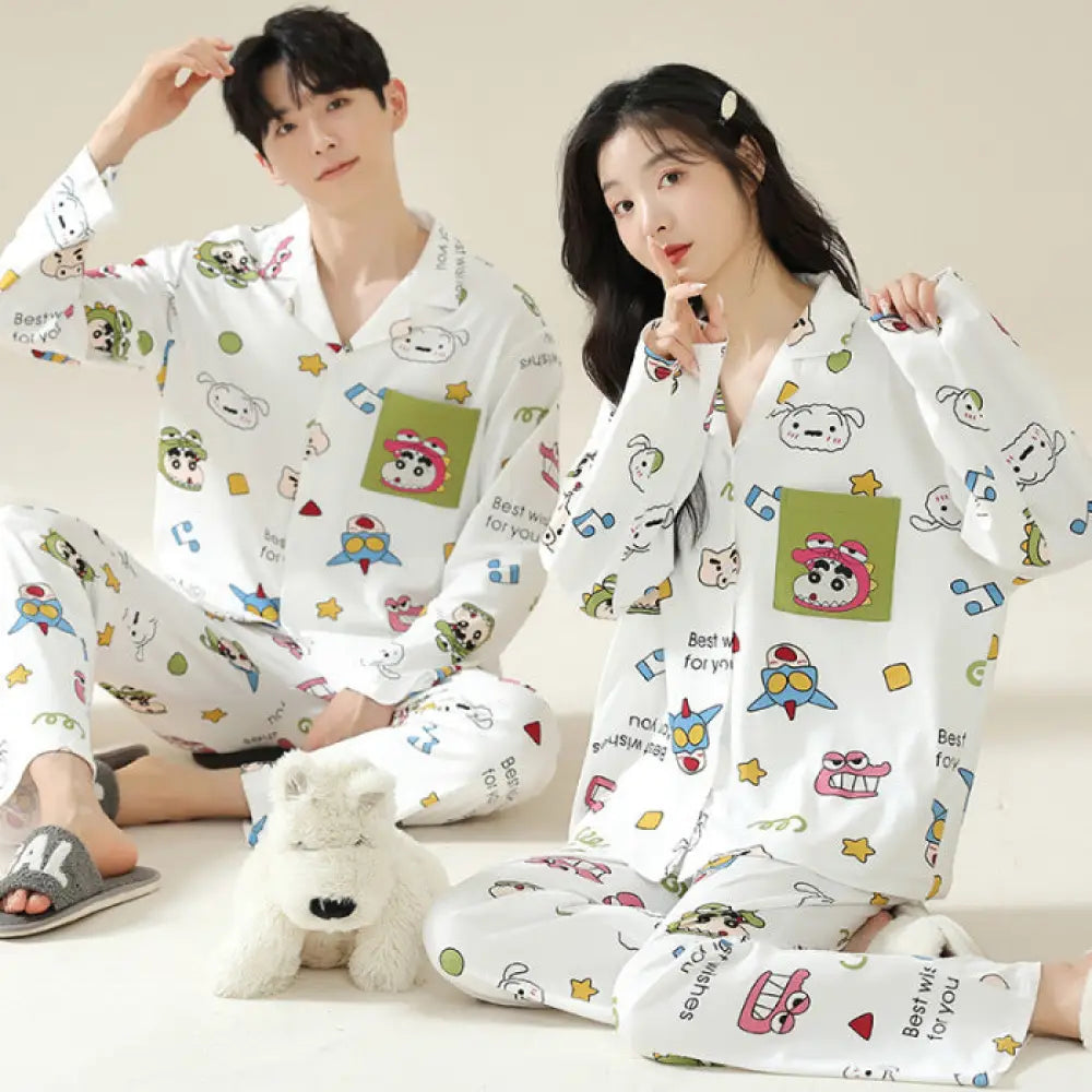 かわいい クレヨンしんちゃん ピュアコットン カップル パジャマ 春秋 カーディガン 襟付き 長袖 長ズボン ルームウェア セット ID3749 タイプ⑤ / レディースＭ
