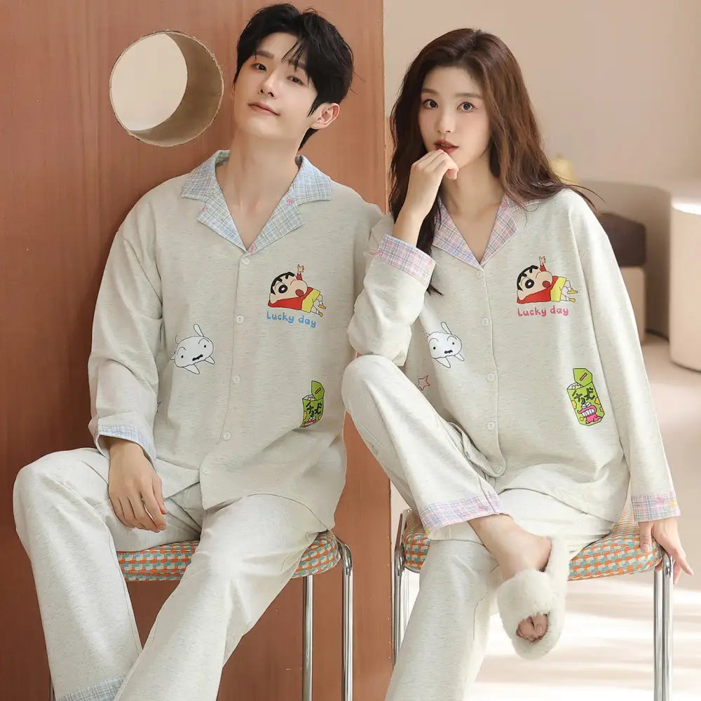 かわいい クレヨンしんちゃん ピュアコットン カップル パジャマ 春秋 カーディガン 襟付き 長袖 長ズボン ルームウェア セット ID3749 タイプ③ / レディースＭ