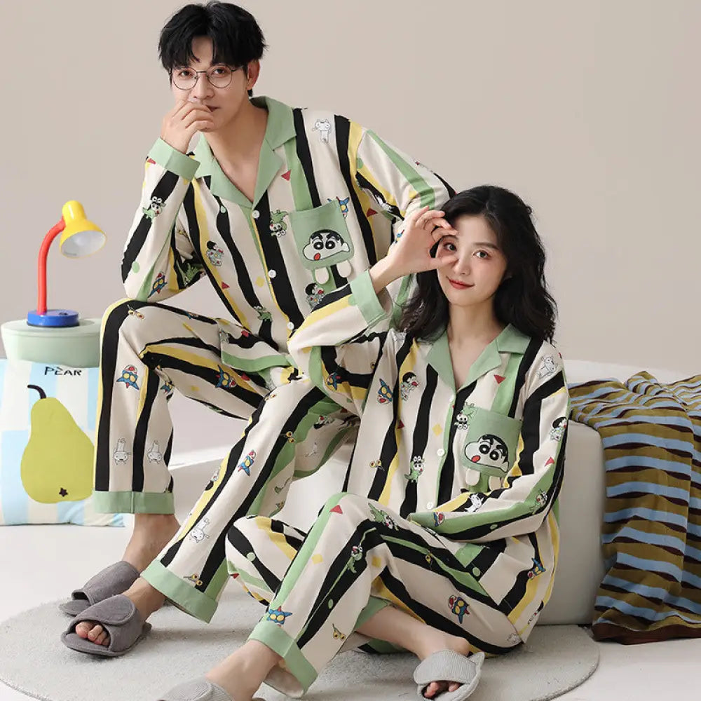 かわいい クレヨンしんちゃん ピュアコットン カップル パジャマ 春秋 カーディガン 襟付き 長袖 長ズボン ルームウェア セット ID3749 タイプ④ / レディースＭ
