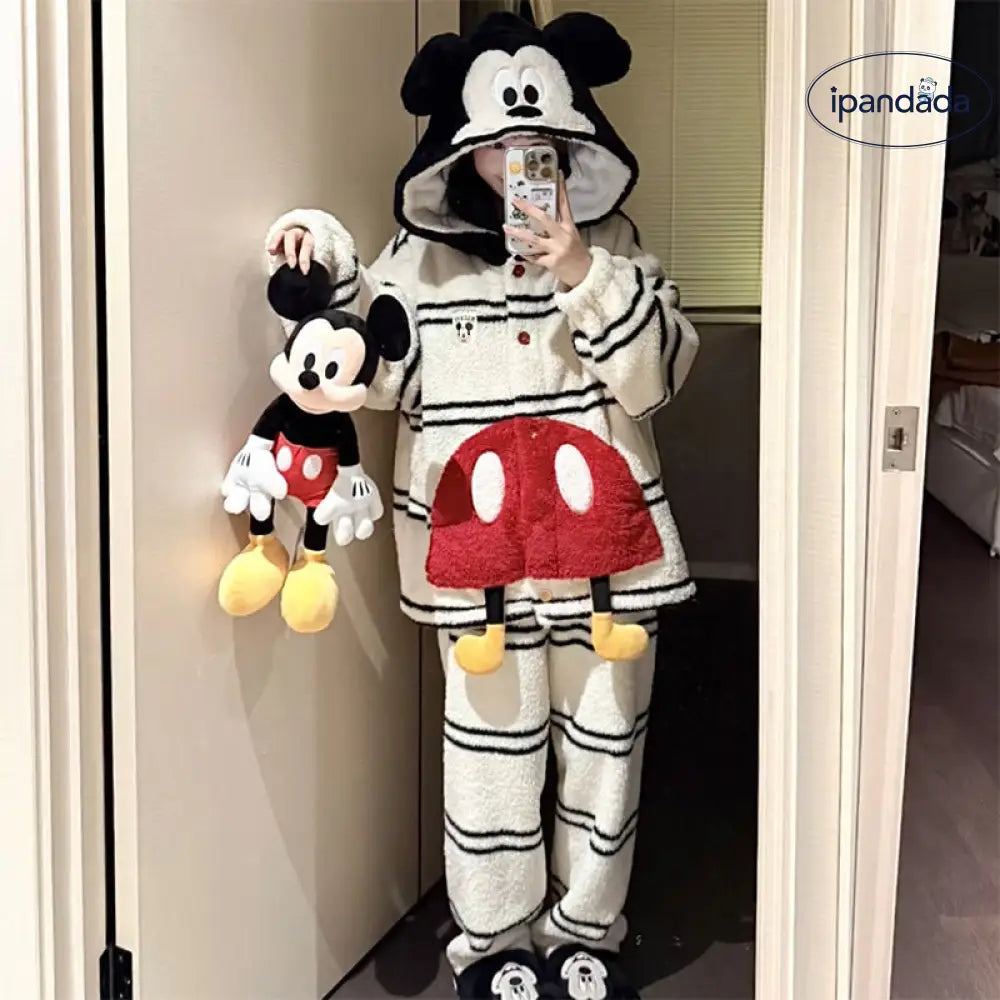 かわいい キャラクター フード付き 白黒 ストライプ ロングパイル パジャマ レディース 冬 長袖 パンツ ホームウェア セットアップ 暖かい 柔らかい 保温 快適 おしゃれ ルームウェア 自宅用 リラックス ID2826