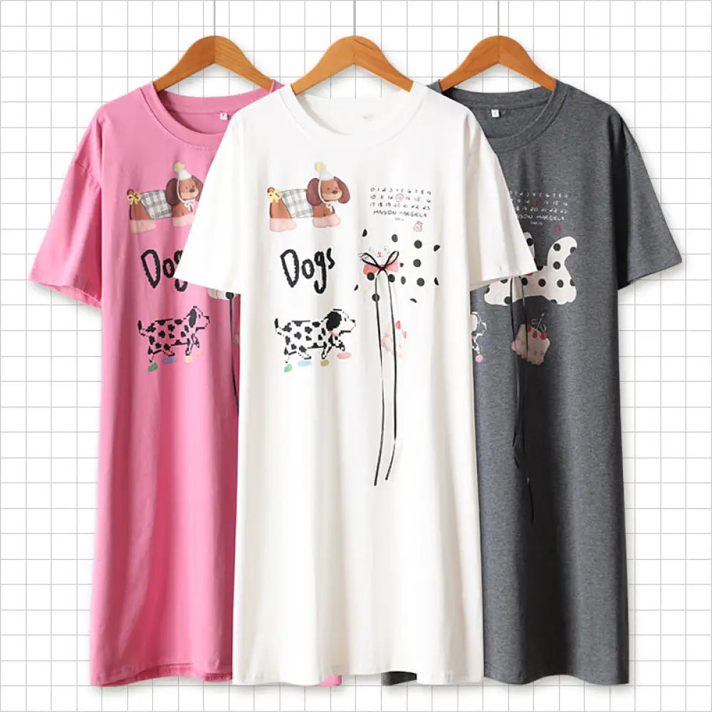 ID1623 かわいい 猫耳 カートゥーン ニットコットン 春夏用 ナイトドレス 女性用 半袖 ワンピース パジャマ 部屋着 外出可