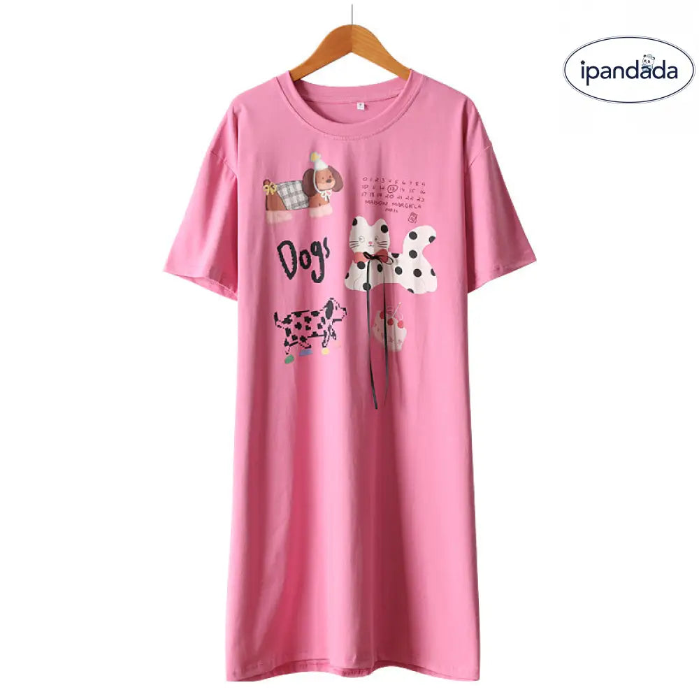 ID1623 かわいい 猫耳 カートゥーン ニットコットン 春夏用 ナイトドレス 女性用 半袖 ワンピース パジャマ 部屋着 外出可