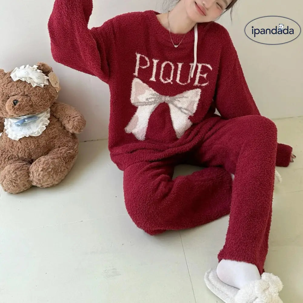 新作 インスタ 人気 リボン かわいい フリース レディース ゆったり ホームウェア パジャマ セットアップ 外出可 快適 柔らかい おしゃれ ルームウェア 自宅用 リラックス 着心地 ナチュラル ID2561